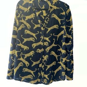 Worthington Womens Black Cheer chcheetah/leopard Safari button up blouse XL